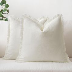 two white pillows sitting on top of a couch next to a green potted plant