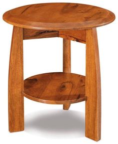 a round wooden table with two shelves on each side