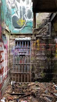 an alleyway with graffiti on the walls and bars in the doorway, next to a fire hydrant