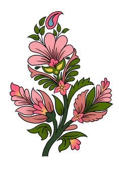 a pink flower with green leaves and a crescent on the top, in front of a white background