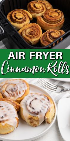 an air fryer filled with cinnamon rolls on top of a white plate