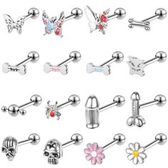 different types of piercings with flowers and butterflies on them