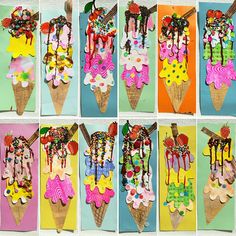 an assortment of ice cream cones decorated with paper flowers and beads are arranged in rows