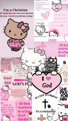 a collage of hello kitty images and quotes on pink background with hearts, cross, heart