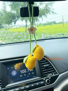 the interior of a car with two crocheted fruits hanging from it's dash board