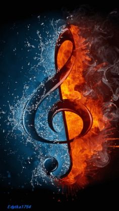 a musical note on fire and water