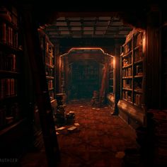 a dimly lit room with bookshelves full of books