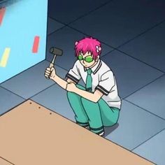 a man with pink hair and green eyes is holding a hammer in his right hand