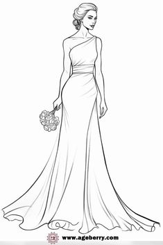 a line drawing of a woman in a dress with flowers on her hand and holding a bouquet