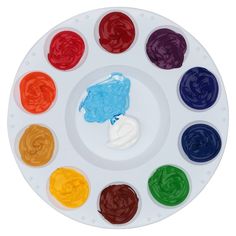 an artist's palette with six different colors of paint