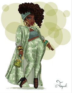 a drawing of a woman with an afro hair and green pants, holding a purse