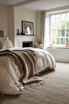 Cozy bedroom with a large bed, neutral bedding, and a knit blanket, featuring a bright window and framed artwork on the wall. Bedroom With Cream Carpet, Neutral Carpet Colors Bedroom, Herringbone Carpet Bedroom, Wall To Wall Carpet Ideas Bedrooms, Carpet Ideas Bedroom, Wool Carpet Bedroom, Brown Carpet Bedroom, Bedroom Carpet Ideas, Bedroom Carpet Colors