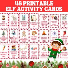 an elf is standing in front of a christmas tree with the words printable elf activity cards