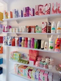 the shelves are filled with different types of products