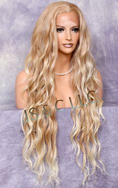 Human Hair Blend HEAT OK Blonde mix Lace Front Wig Wavy long 37&quot; JSTA T27/613