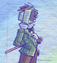 a drawing of a robot with a hat and cane holding a stick in his hand