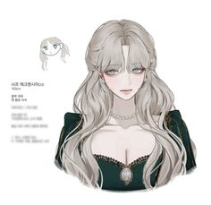 an anime character with long white hair wearing a green dress and pearls on her necklace