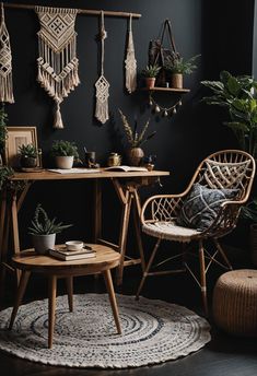 a living room with black walls, plants and wicker furniture in the corner on rugs