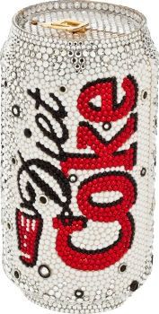 a white case with red and black lettering on the front, and an image of a soda