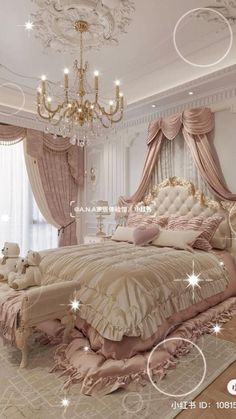 an elegant bedroom with chandelier, bed and teddy bears on the rugs