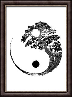 a black and white drawing of a tree in the shape of a yin - yang