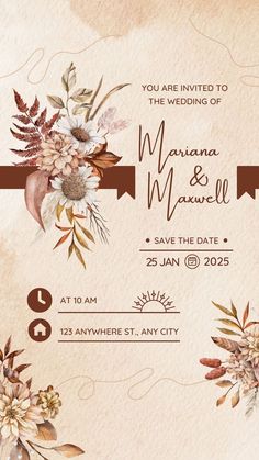 an elegant wedding card with flowers and leaves on the front, in watercolor style