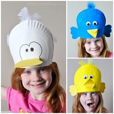 four pictures of children wearing paper hats with birds on them