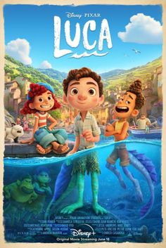 the movie poster for luca, featuring two children and an adult swimming in water