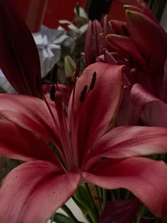 red flowers are in a vase on the table