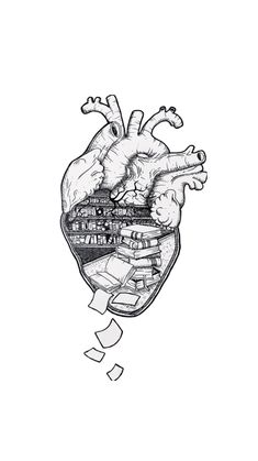 a drawing of a human heart with lots of small pieces of paper flying around it