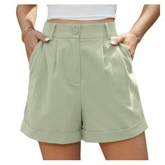 Asklazy linen shorts for women with zipper and button closure, and rolled hem design. This pair of women's denim shorts must a classic spring summer addition to any wardrobe. Size: L.  Color: Multicolor.  Gender: female.  Age Group: adult. Wide Leg Shorts, Plus Size Shorts, Denim Shorts Women, Rolled Hem, Drawstring Shorts, Linen Shorts, Shorts With Pockets, Roll Up, High Waisted Shorts