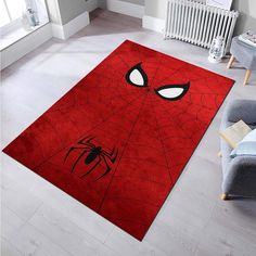 a red rug with a spiderman face on it