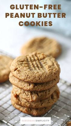 gluten - free peanut butter cookies on a cooling rack with text overlay