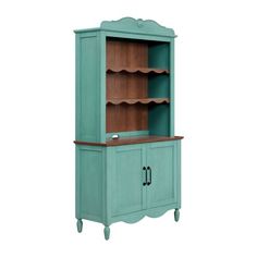 a green cabinet with shelves and drawers