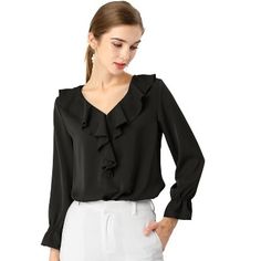 Dress to impress for the perfect casual smart look with this ruffled blouse.
The ruffled trim provides an airy finish to a crisp, vintage peasant top.
Retro and trendy, the design presents a feminine and demure aesthetic with its flounce and v-neckline.
This pretty top shape your graceful swing silhouette with a lively ruffled trim.
This lightweight breezy chiffon top is flattering at the front for an easy, eye-catching appeal.
Utterly charming with ruffles trimming the neckline and finishing th Womens Peasant Blouses, Women's Office, Women Chiffon Blouse, Chiffon Tops Blouses, Chiffon Long Sleeve, Chiffon Ruffle, Peasant Top, Flowy Tops, Peasant Blouse