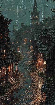 an image of a city at night with rain falling on the street and buildings lit up