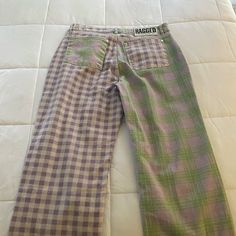 Size 34. Purple And Green. Very Fun. Never Worn. Too Short For My Daughter Who Is 6 Ft Tall. Trendy Purple Cotton Bottoms, Trendy Purple Cotton Pants, Baggy Green Patchwork Pants, Baggy Straight Leg Purple Jeans, Purple Baggy Jeans, Purple Patchwork Jeans, Free People Plaid Jules Pants, Distressed Overalls, Slouch Jeans