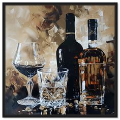 an oil painting of two wine glasses and a bottle with corks in front of it