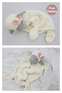 two pictures of a stuffed sheep laying on top of a blanket with text overlay that says free crochet pattern