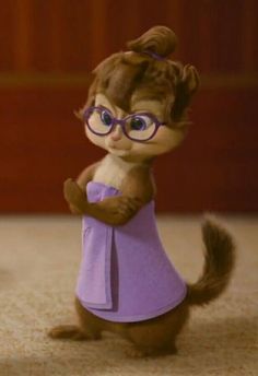 a small squirrel wearing glasses and a purple dress