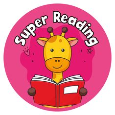 a giraffe reading a book with the words super reading