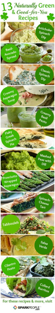 Healthy GREEN St. Patrick's Day Recipes (no food coloring required) | via @SparkPeople #diet #nutrition #food Mashed Peas, St Patrick's Day Recipes, Green Dips, Nutrition Food, Asparagus Soup, Green Recipes, Nutrition Articles, Green Beer