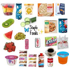 a collage of food items including yogurt, cereals, and fruit