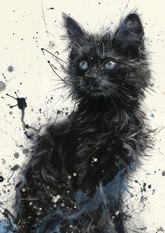 a black cat with blue eyes sitting on top of a white floor covered in paint splatters