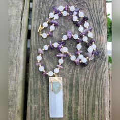 25" Handmade Moonstone And Amethyst Necklace With Gold Plated Beads And Clasp And A Selenite And Fluorite Pendant Gold Letter Pendants, Gold Medallion Necklace, Glitter Necklace, Spiral Necklace, Vintage Style Necklace, Vintage Rhinestone Brooch, Blue Topaz Pendant, Citrine Necklace, Bee Pendant