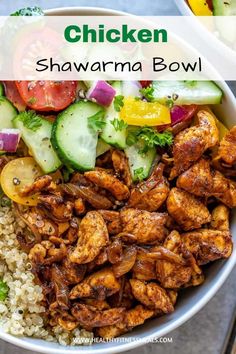 chicken shawarma bowl with rice and cucumbers