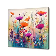 an abstract floral painting on canvas with bright colors and flowers in the background, it looks like