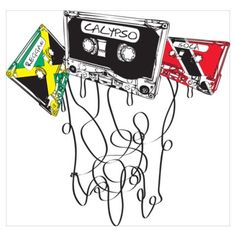 a drawing of three cassette tapes with the words calypso on them and two flags