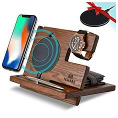 a wooden docking station with an iphone, watch and cell phone on it's stand