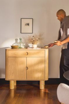 A simple form that's more than the sum of its parts, the Muhly cabinet is boldly sculptural, but but perfectly sized for a small space. With solid wood edges and discreet recessed pulls, the Muhly is a statement maker that doesn't overstep. White Oak Cabinet, Oak Cabinet, Modern Cabinets, Oak Cabinets, Bar Ideas, Small Space